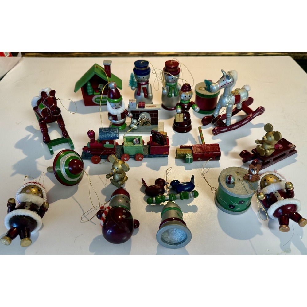 Vtg. Christmas Wooden Mini Ornaments 20 Pieces Santas, Train, Snowmen, Mouse